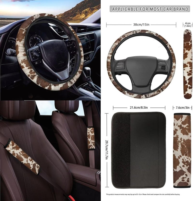 Wanyint Brown Beige Cow Print 15 PCS Car Seat Cover Full Set With Steering Wheel Cover, Seat Belt Pad, Trash Bin, Rear View Mirror Cover, Cup Holders, Keychain, Air Vent Storage Bag, Car Decoration - Image 3